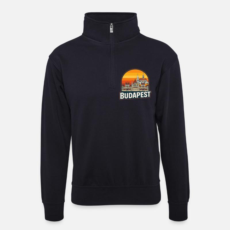 Budapest-Ungarn Retro-Sonnenuntergangs-Skyline-Design - Unisex Pullover mit Zip-Kragen - Dunkelnavy