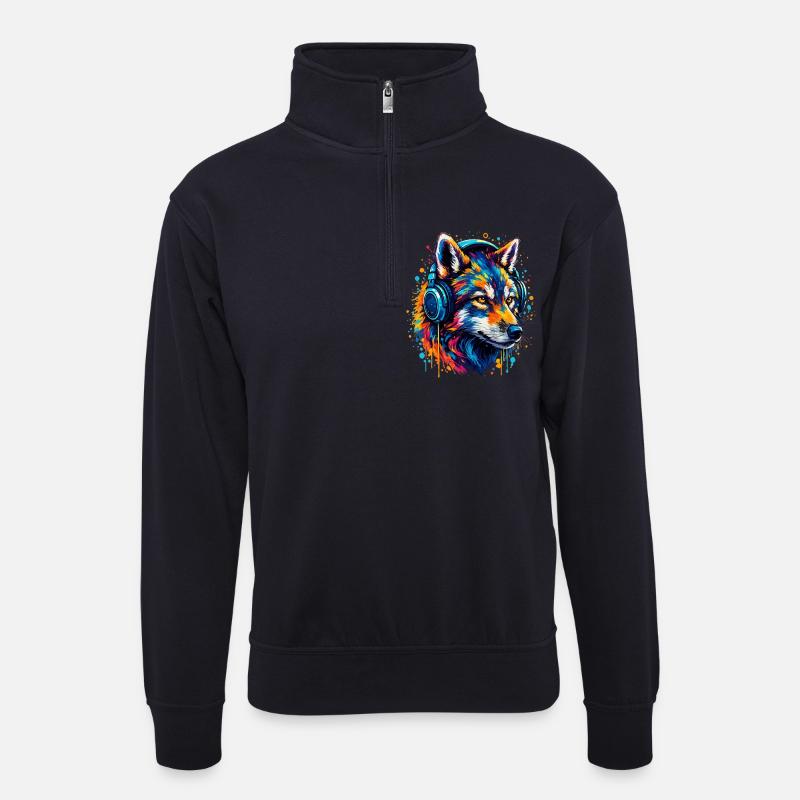 Fuchs mit Neon Kopfhörer Kunst - Unisex Pullover mit Zip-Kragen - Dunkelnavy