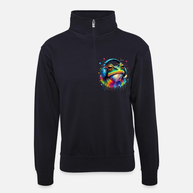 Farbexplosion Frosch mit Kopfhörern - Unisex Pullover mit Zip-Kragen - Dunkelnavy