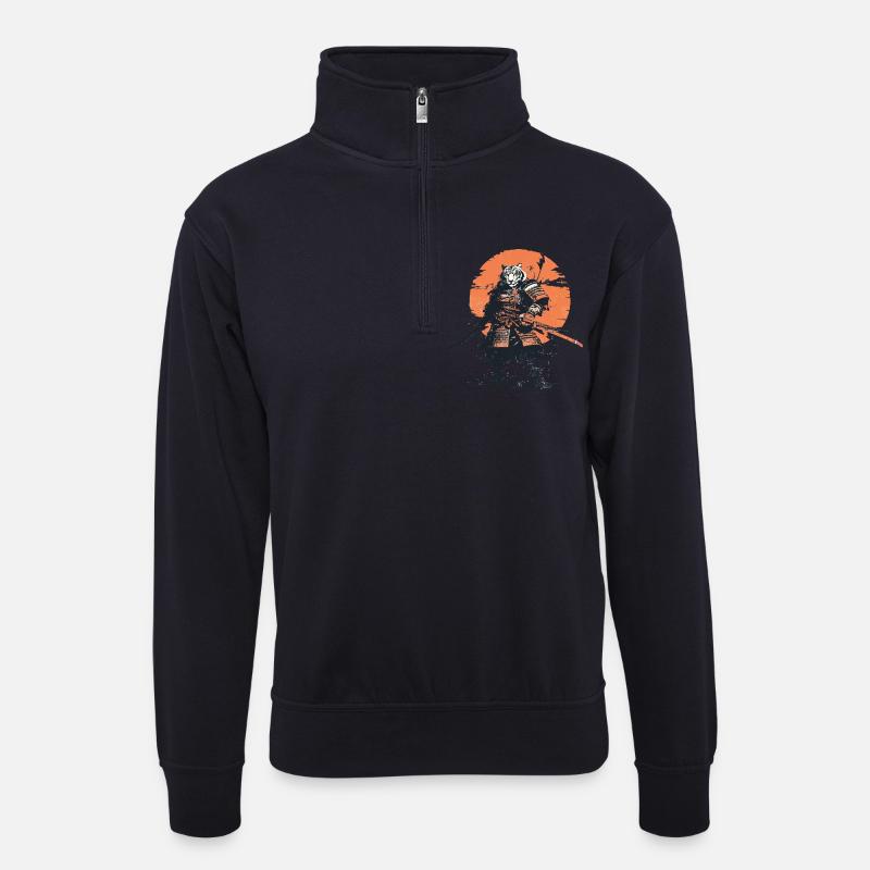 Tiger-Samurai in Ember Moon - Unisex Pullover mit Zip-Kragen - Dunkelnavy