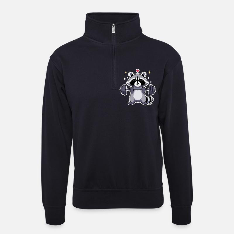 Kraftvoller Waschbär mit Hantel - Unisex Pullover mit Zip-Kragen - Dunkelnavy