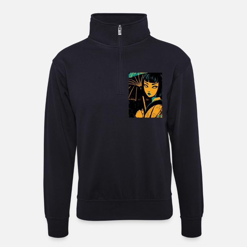 Geisha im Neonlicht - Unisex Pullover mit Zip-Kragen - Dunkelnavy