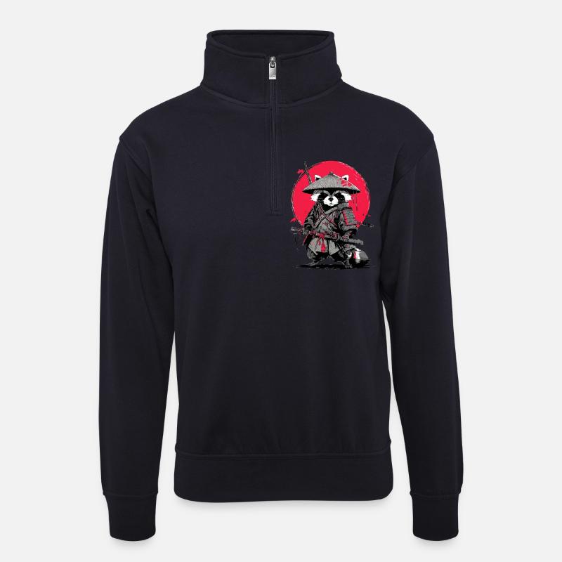 Waschbär-Samurai unter Crimson Moon - Unisex Pullover mit Zip-Kragen - Dunkelnavy