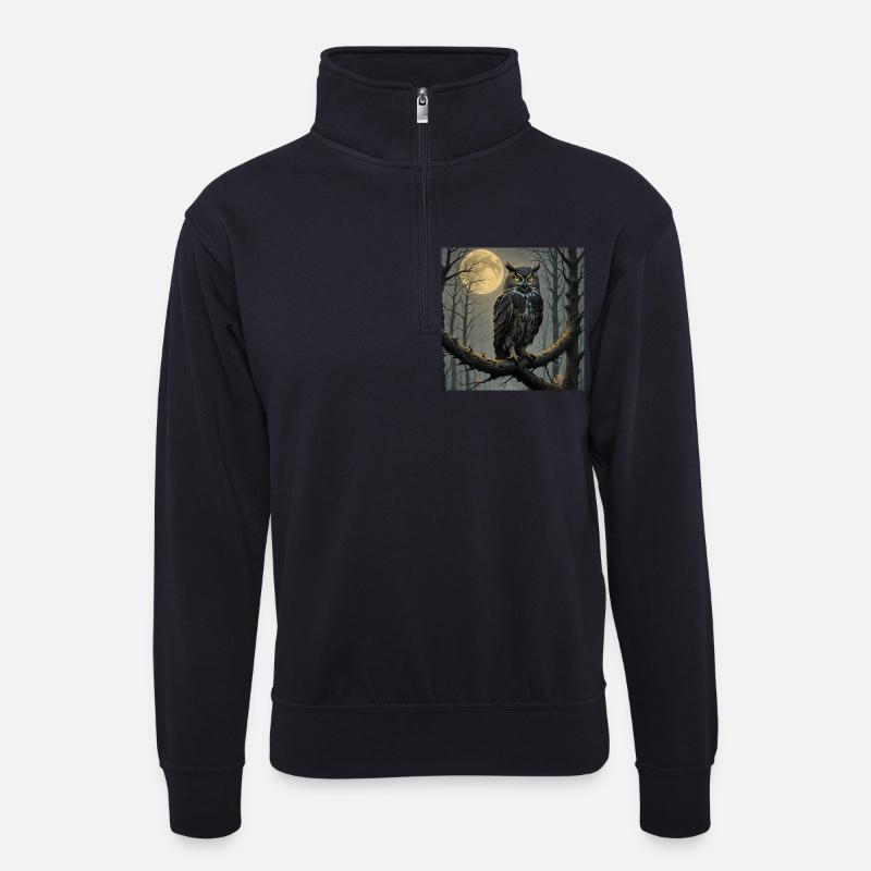 Mondnacht Eule im Nebelwald - Unisex Pullover mit Zip-Kragen - Dunkelnavy