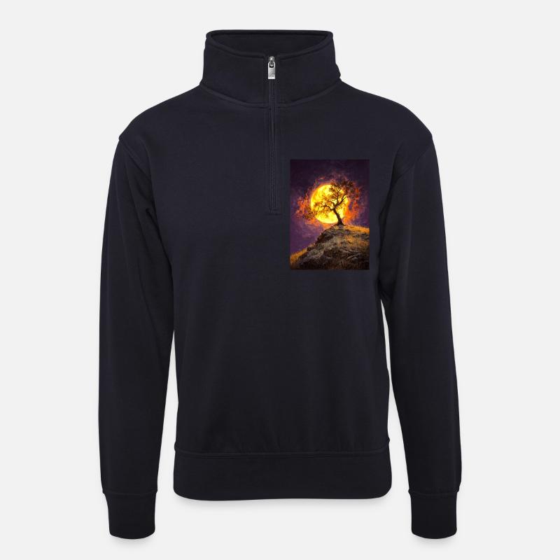 Einsamer Baum im Mondschein auf Klippe - Unisex Pullover mit Zip-Kragen - Dunkelnavy