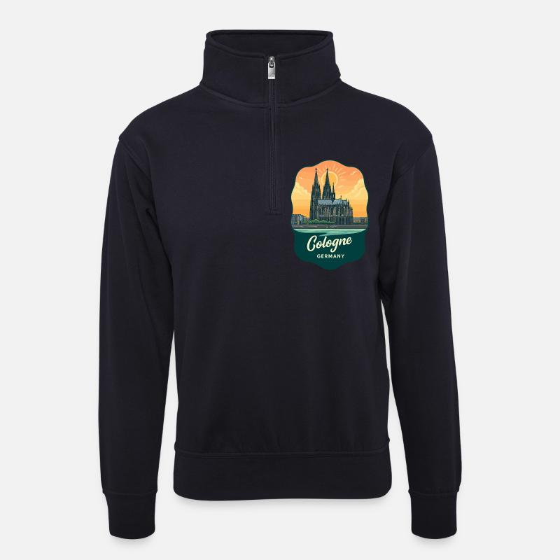 Kölner Dom, Retro-Sonnenuntergangsabzeichen - Unisex Pullover mit Zip-Kragen - Dunkelnavy