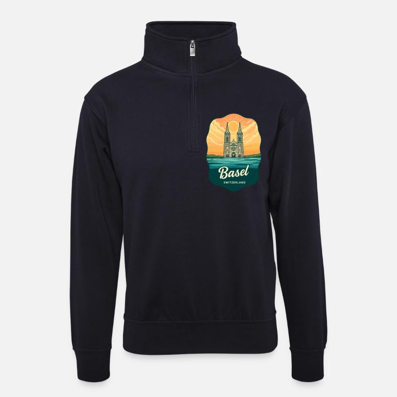 Basel Minster Retro Sonnenuntergangs-Reiseabzeichen - Unisex Pullover mit Zip-Kragen - Dunkelnavy