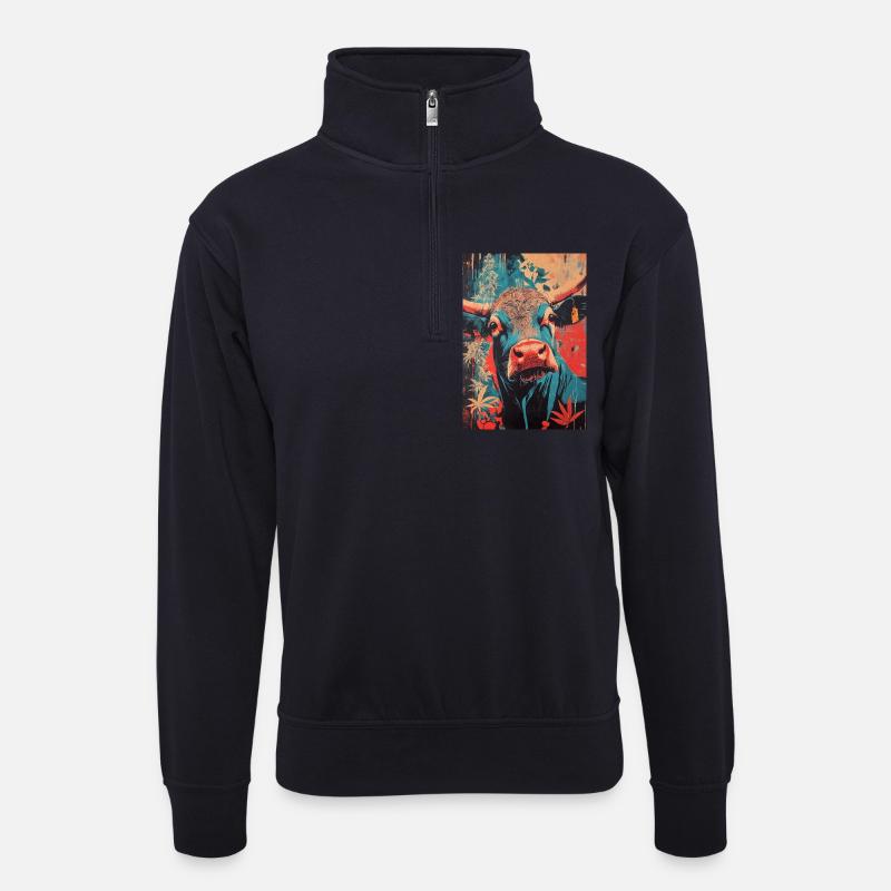 Psychedelische Kuh im Pop-Art Stil - Unisex Pullover mit Zip-Kragen - Dunkelnavy