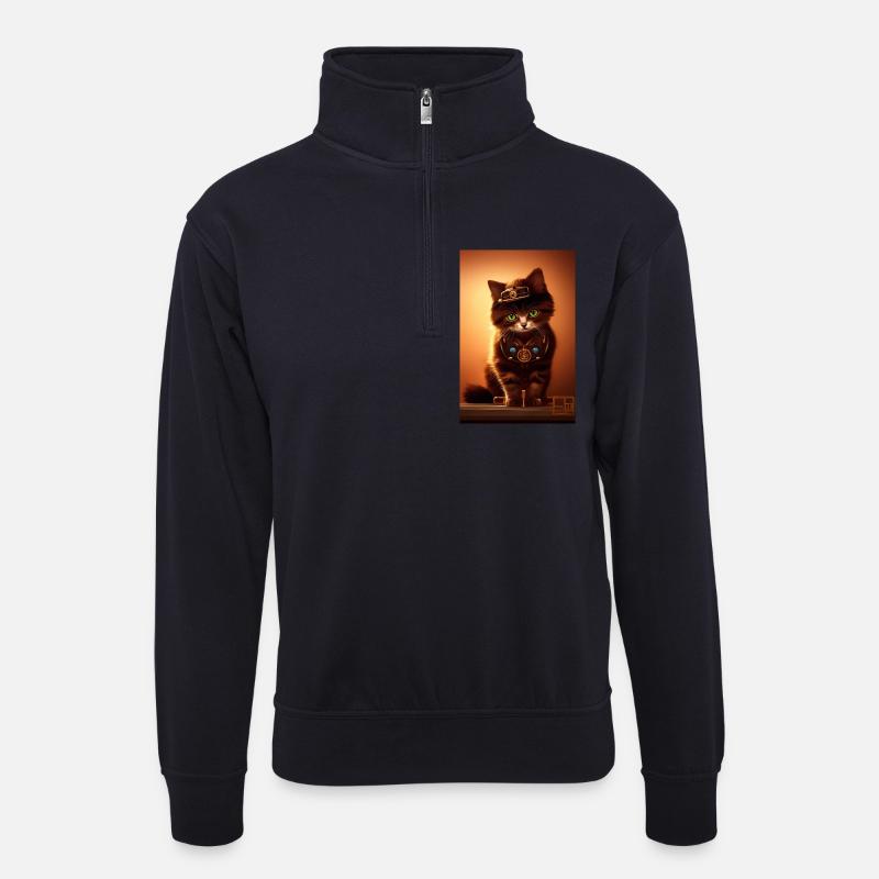 Katze Steampunk Style - Unisex Pullover mit Zip-Kragen - Dunkelnavy