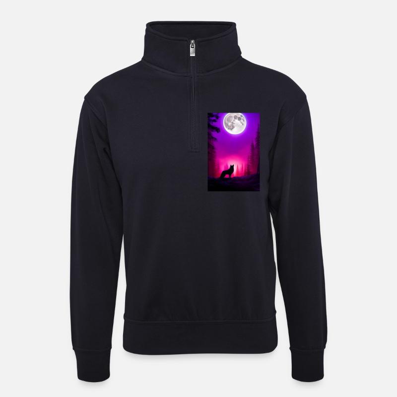 Wolf und Mond - Unisex Pullover mit Zip-Kragen - Dunkelnavy