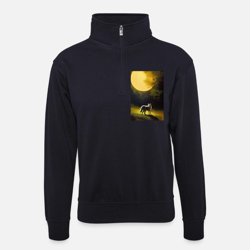 Wolf und Mond - Unisex Pullover mit Zip-Kragen - Dunkelnavy