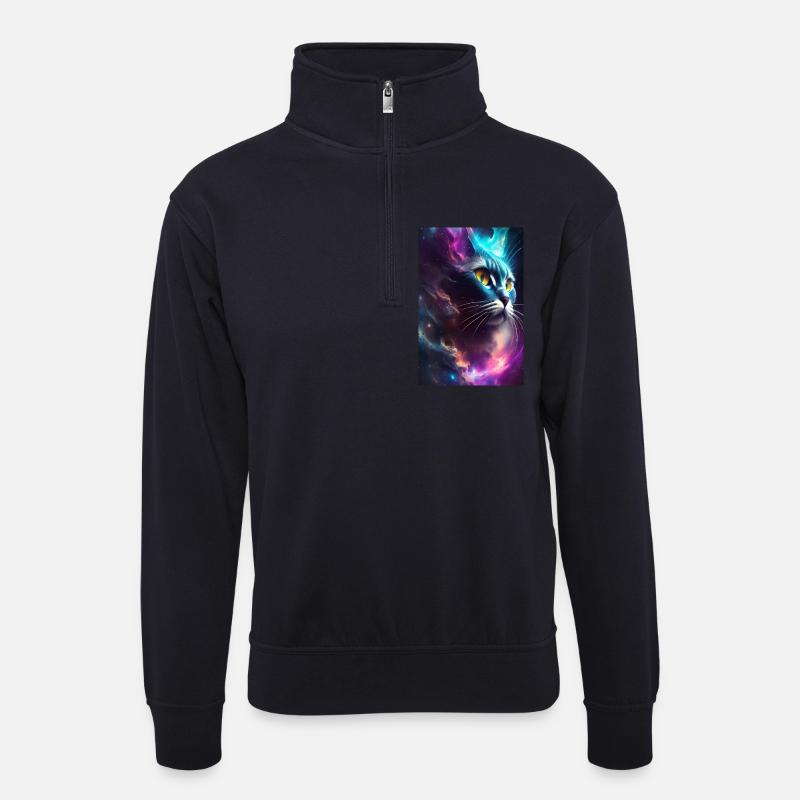 Katze im Weltall - Unisex Pullover mit Zip-Kragen - Dunkelnavy