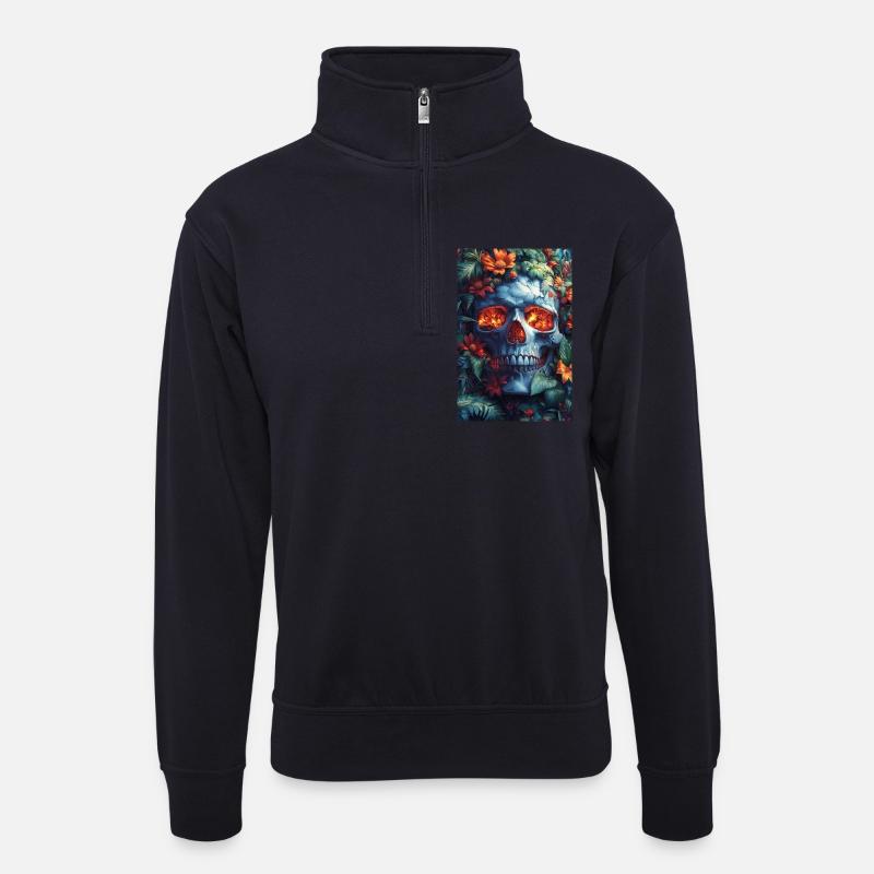 Flammender Schädel im Blütenreich - Unisex Pullover mit Zip-Kragen - Dunkelnavy