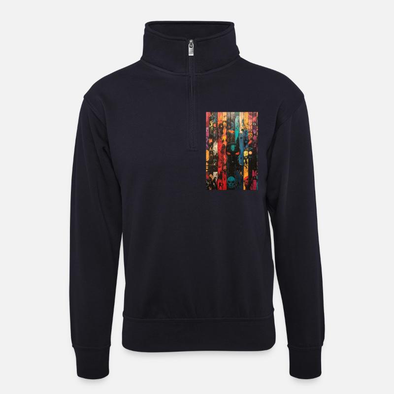 Farbige Schädel-Panel-Kunst - Unisex Pullover mit Zip-Kragen - Dunkelnavy
