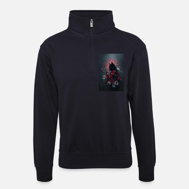 Katze mit Blumen - Unisex Pullover mit Zip-Kragen - Dunkelnavy