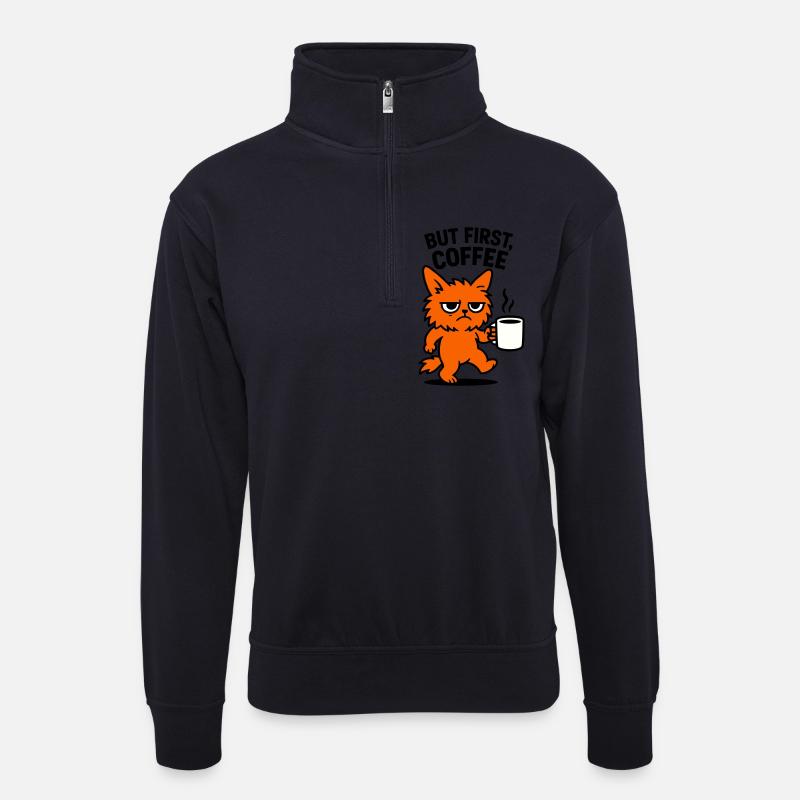 But first coffee cat - Unisex Pullover mit Zip-Kragen - Dunkelnavy