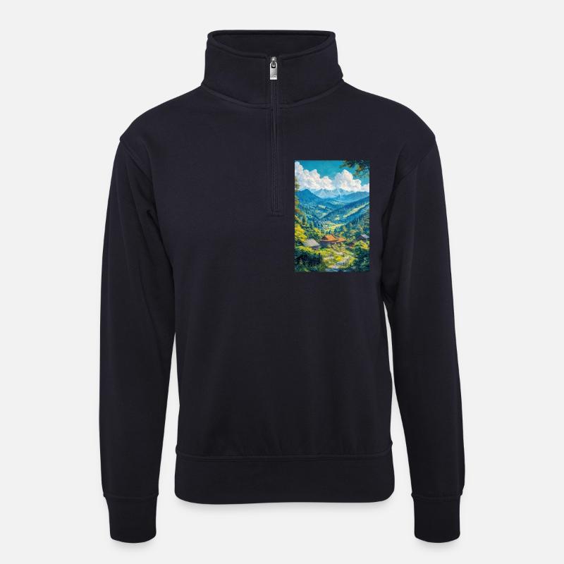 Illustration einer japanischen Landschaft - Unisex Pullover mit Zip-Kragen - Dunkelnavy