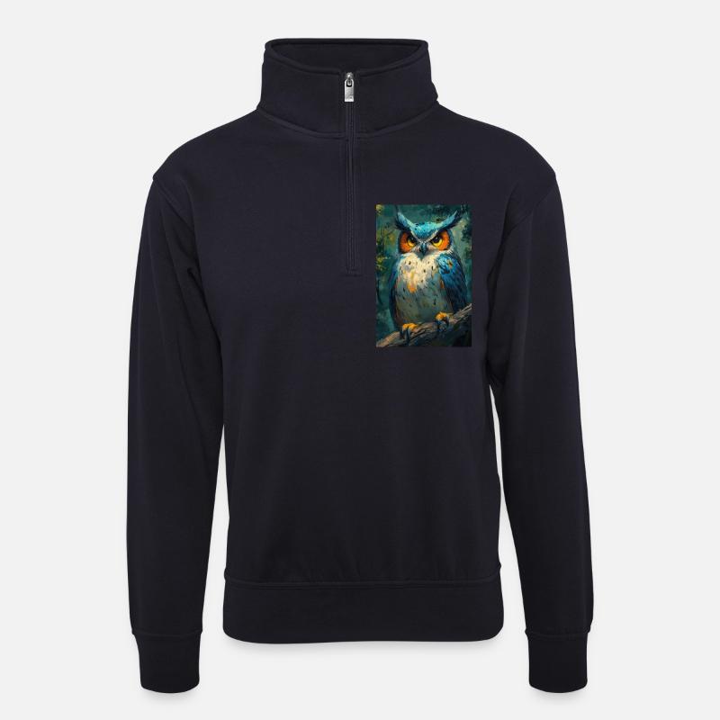 Illustration einer Eule - Unisex Pullover mit Zip-Kragen - Dunkelnavy