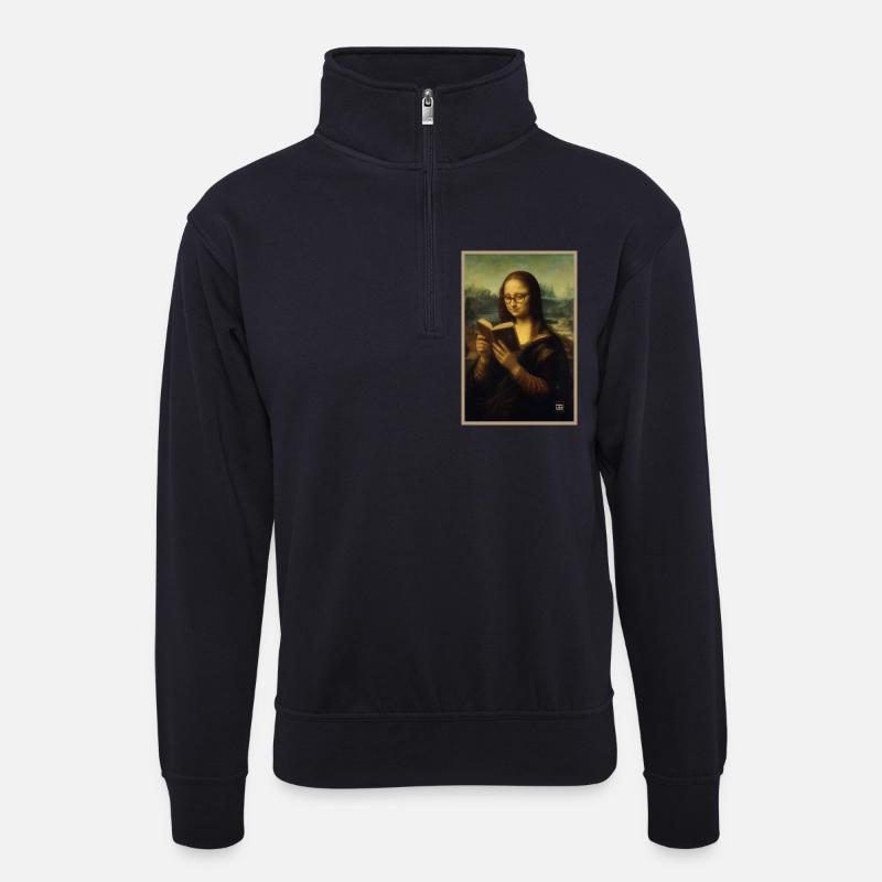 Mona Lisa Reading - Unisex Pullover mit Zip-Kragen - Dunkelnavy