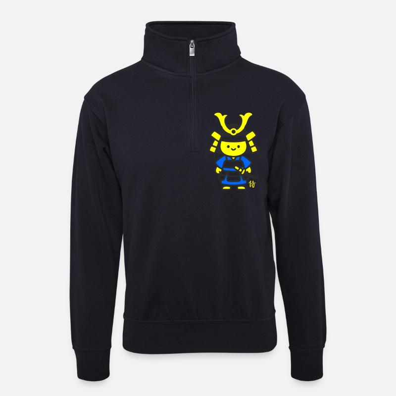 Kawaii Samurai Blau Kanji - Unisex Pullover mit Zip-Kragen - Dunkelnavy