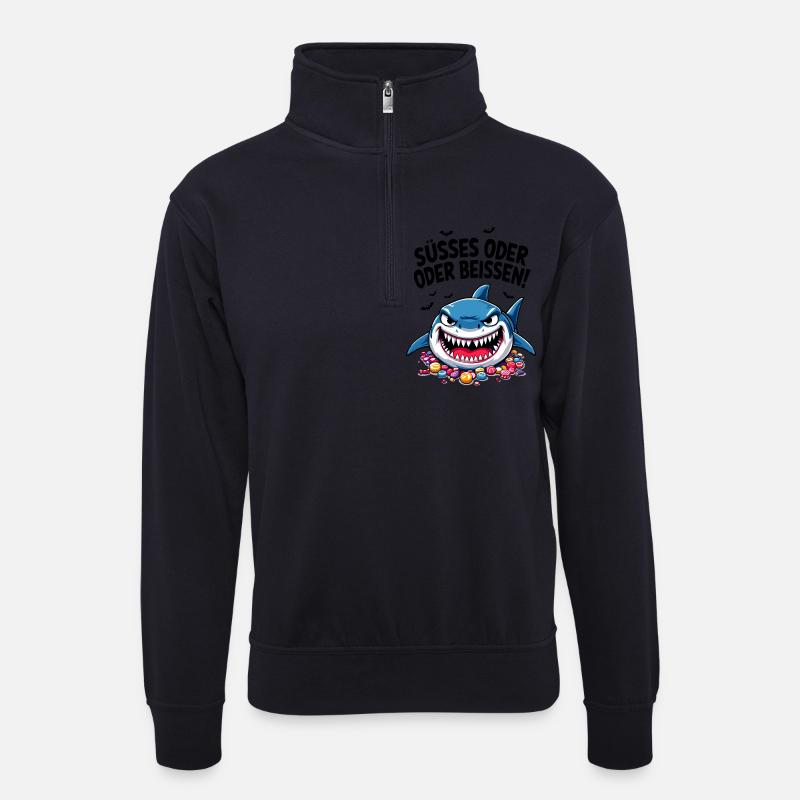 Halloween Süßes oder Saures Hai Süßgkeiten - Unisex Pullover mit Zip-Kragen - Dunkelnavy