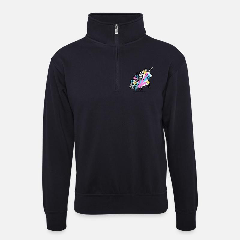 Bunter Splash Einhorn Illustration - Unisex Pullover mit Zip-Kragen - Dunkelnavy