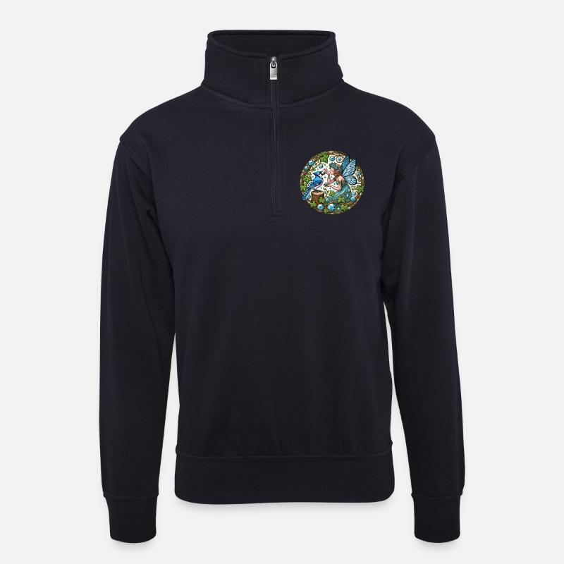 Blauhäher Fee Fantasy Kunst - Unisex Pullover mit Zip-Kragen - Dunkelnavy