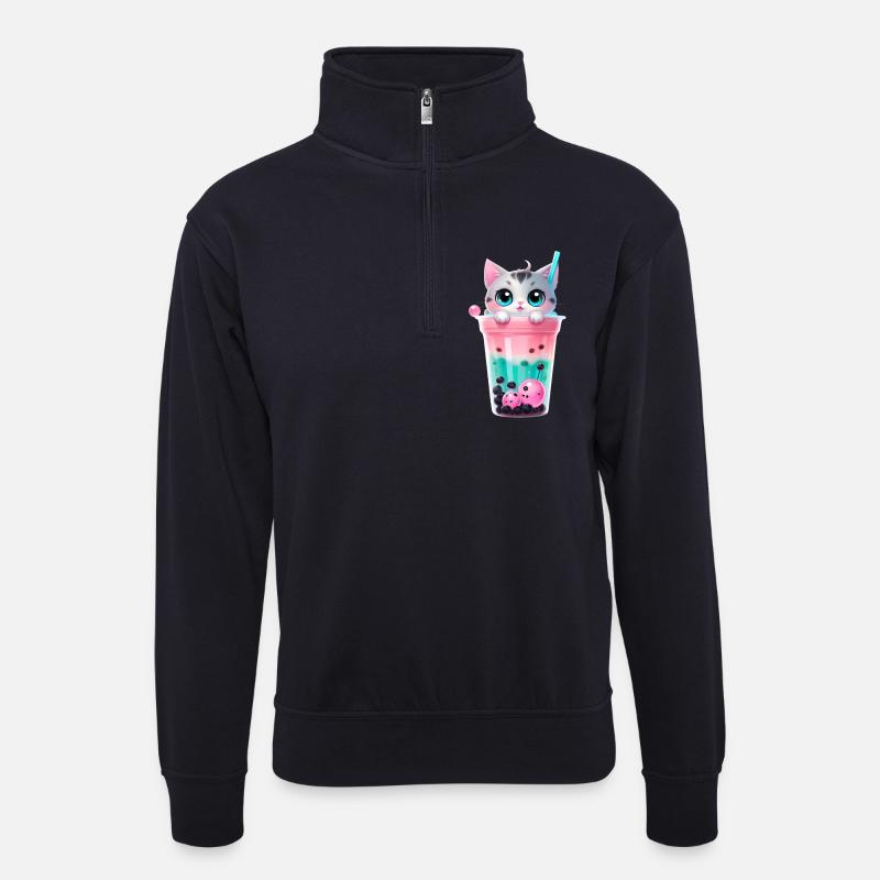 Kätzchen Bubble Tea Pastell - Unisex Pullover mit Zip-Kragen - Dunkelnavy