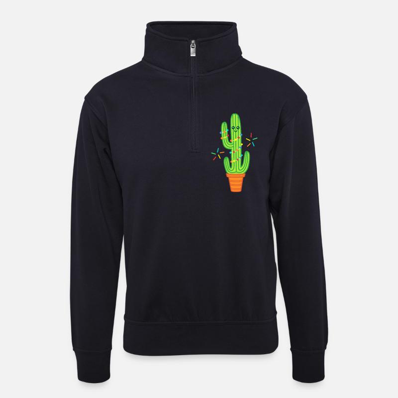 Cute Comic Cactus Green - Unisex sweater with zip collar - dark navy