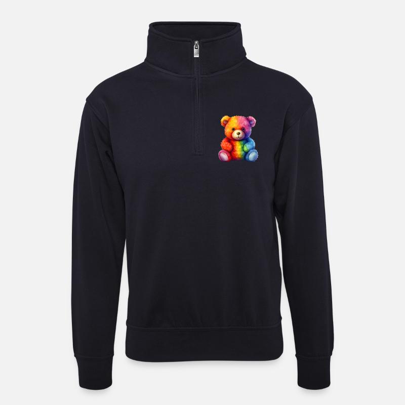 Regenbogen Plüsch Bär Umarmung - Unisex Pullover mit Zip-Kragen - Dunkelnavy