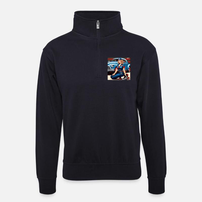 Pinup im Retrowagen Blau - Unisex Pullover mit Zip-Kragen - Dunkelnavy
