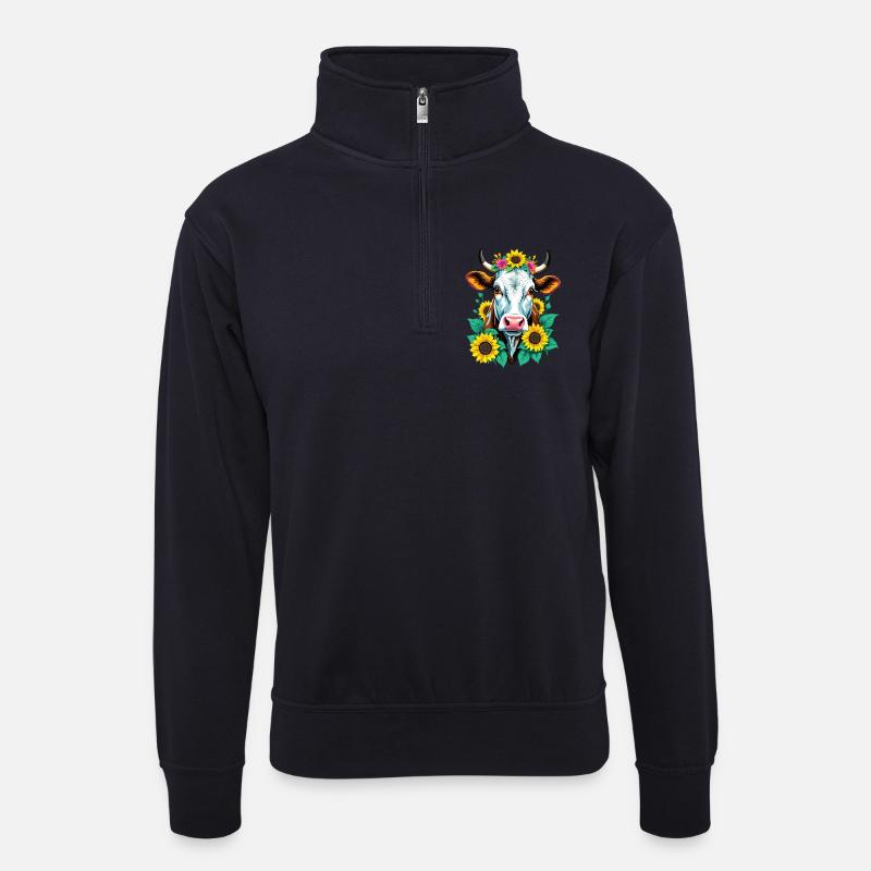 Kuh mit Sonnenblumen - Unisex Pullover mit Zip-Kragen - Dunkelnavy