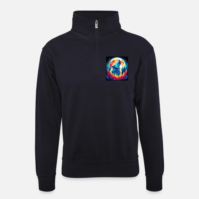 Wolf heult den Mond an - Unisex Pullover mit Zip-Kragen - Dunkelnavy