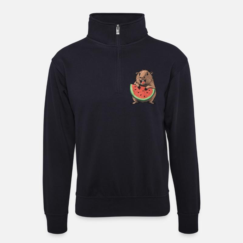 Capybara mangeant de la pastèque - Sweat col montant zippé unisexe - bleu marine foncé