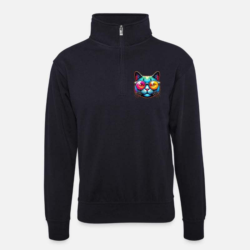 Kater mit Sonnenbrille - Unisex Pullover mit Zip-Kragen - Dunkelnavy
