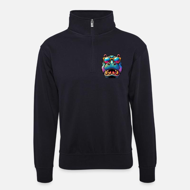 Nilpferd mit Sonnenbrille - Unisex Pullover mit Zip-Kragen - Dunkelnavy