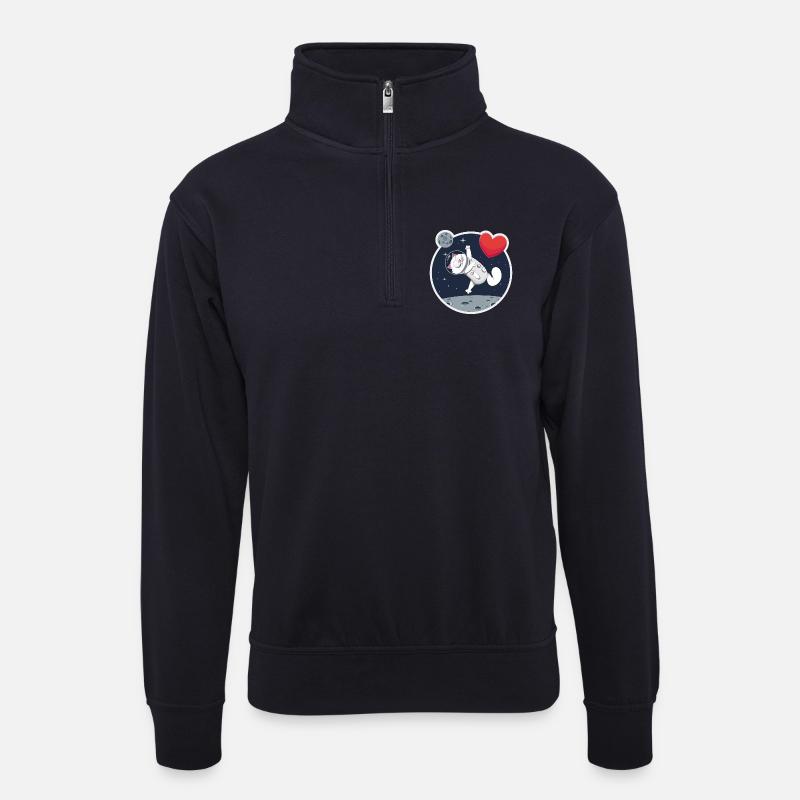 Einsame Astronautin Katze fängt Herz - Unisex Pullover mit Zip-Kragen - Dunkelnavy