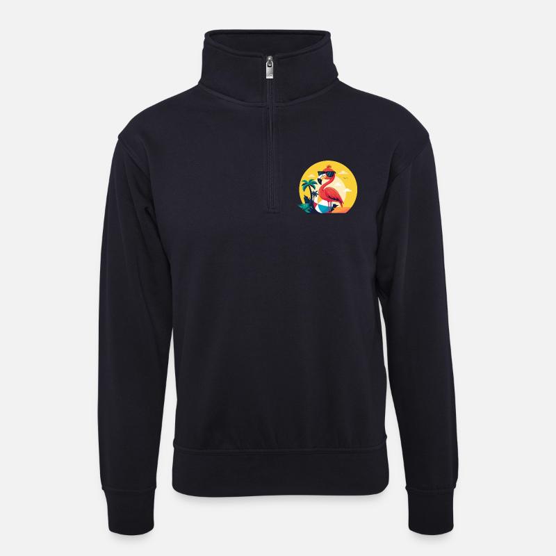 Flamingo, Beachball und Palmen - Unisex Pullover mit Zip-Kragen - Dunkelnavy