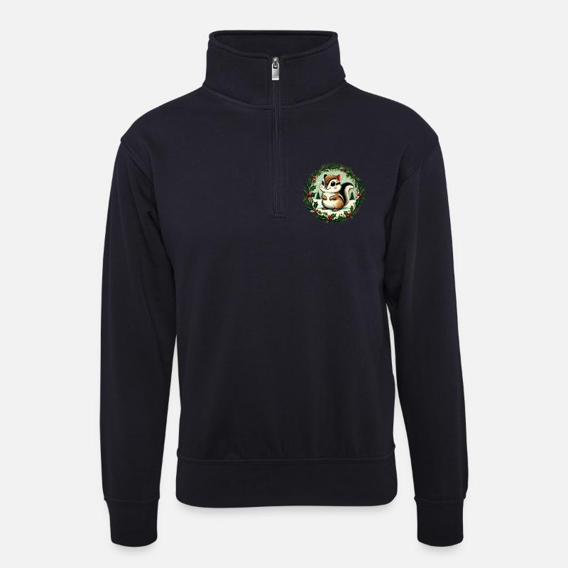 Festliches Eichhörnchen mit Stechpalmenkranz - Unisex Pullover mit Zip-Kragen - Dunkelnavy