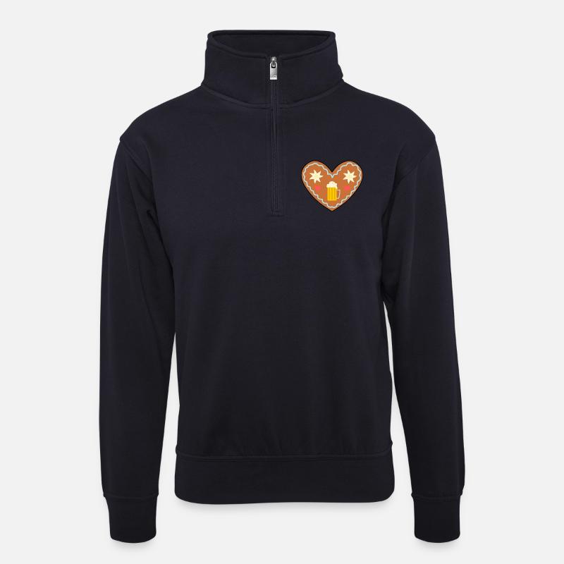 Lebkuchenherz mit Bier und Blumen - Unisex Pullover mit Zip-Kragen - Dunkelnavy