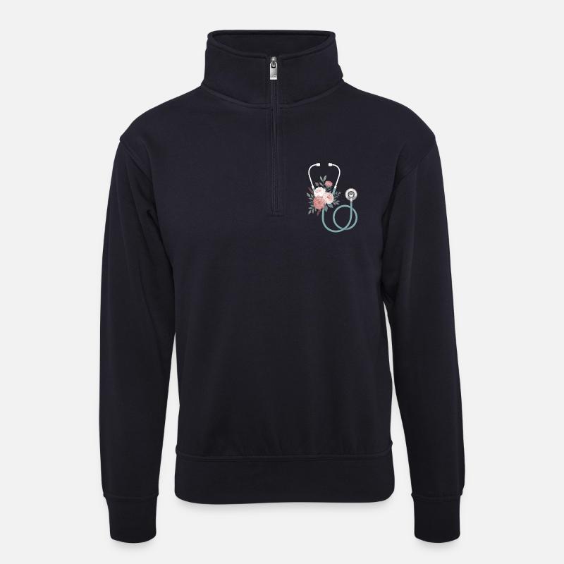Blumiges Stethoskop - Unisex Pullover mit Zip-Kragen - Dunkelnavy