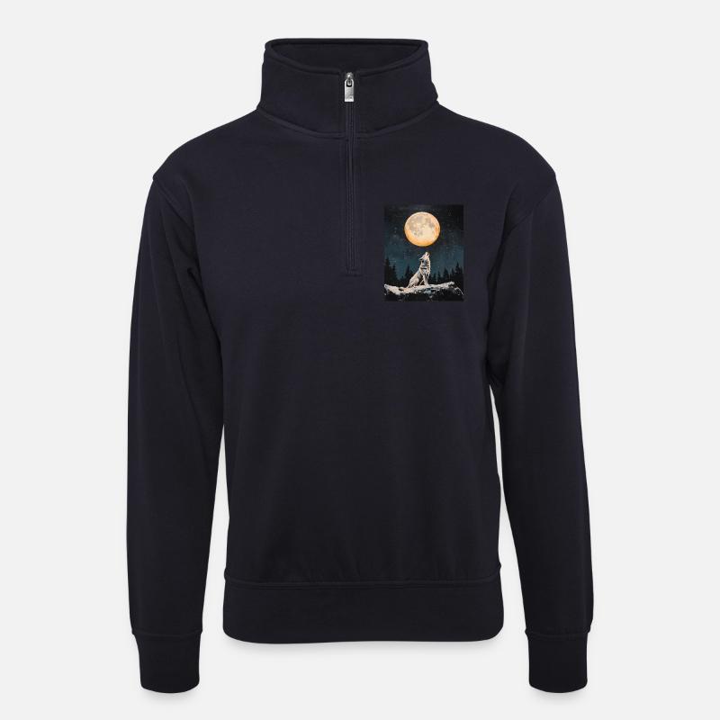 Wolf heult nach Mond - Unisex Pullover mit Zip-Kragen - Dunkelnavy