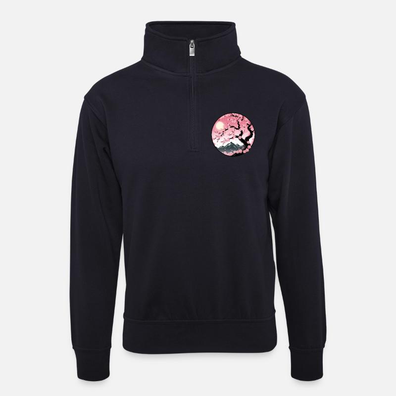 Kirschblüten-Berglandschaft - Unisex Pullover mit Zip-Kragen - Dunkelnavy