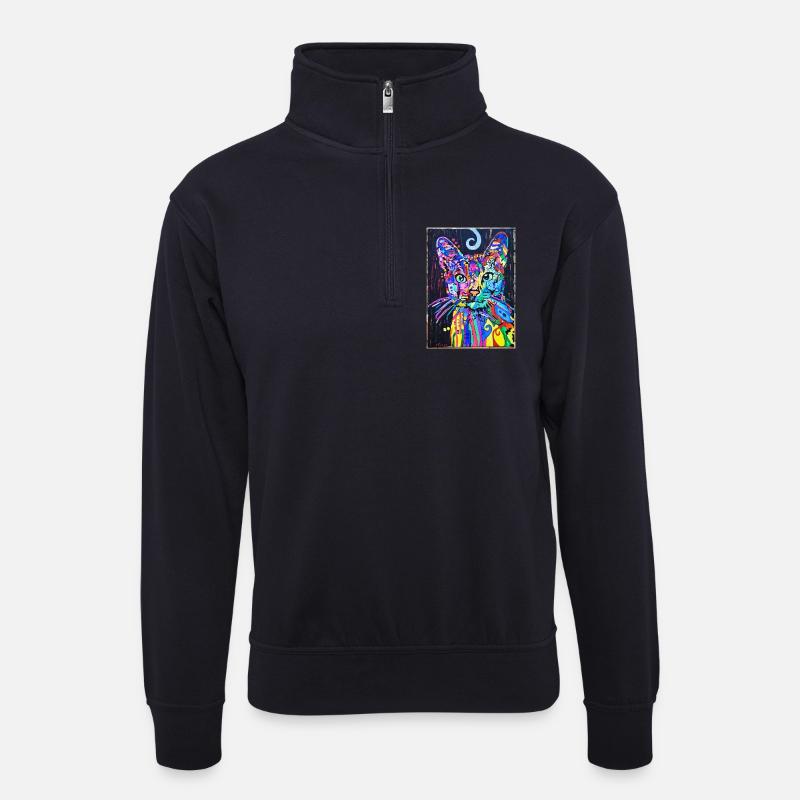 Katzenportrait mit Psychedelic-Design- Pop-Art - Unisex Pullover mit Zip-Kragen - Dunkelnavy