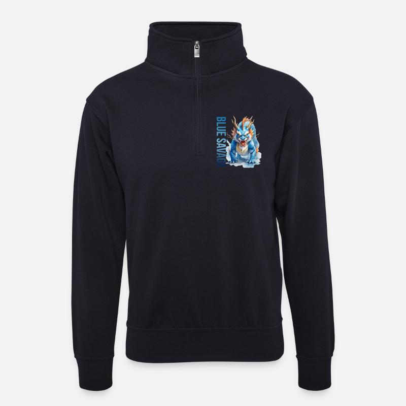 MAJESTÄTISCHER BLAUER DRACHE - Unisex Pullover mit Zip-Kragen - Dunkelnavy