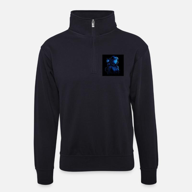 Neonjägerin mit Katzenbegleiter - Unisex Pullover mit Zip-Kragen - Dunkelnavy