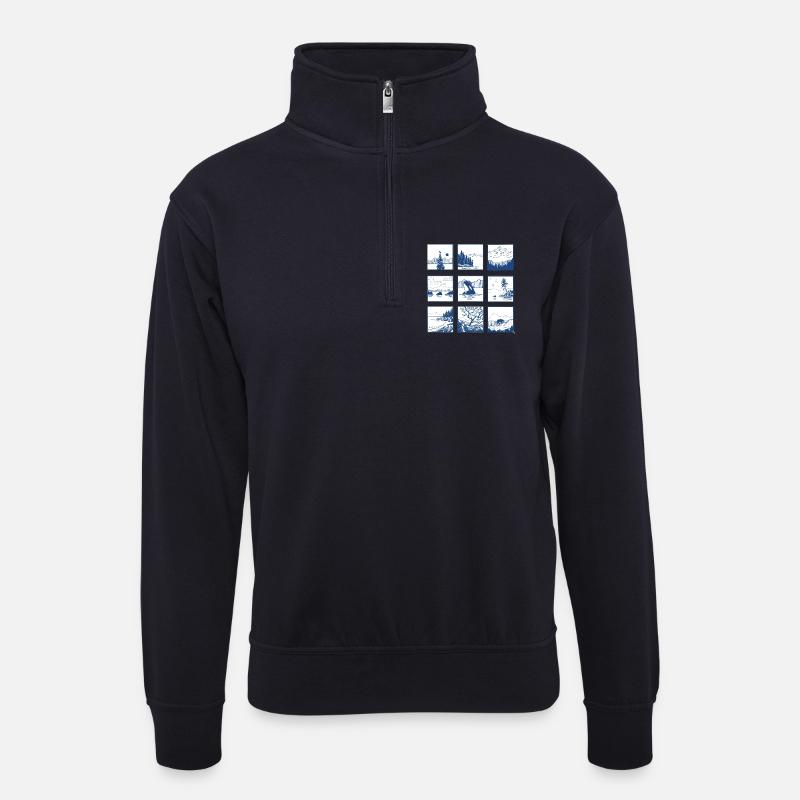 Blaues Landschaftsquartett Line Art - Unisex Pullover mit Zip-Kragen - Dunkelnavy