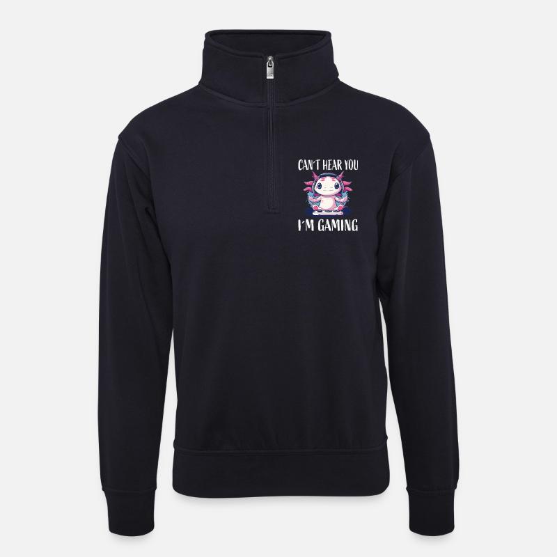 Gaming Axolotl mit Headset - Unisex Pullover mit Zip-Kragen - Dunkelnavy