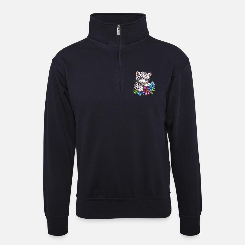 Leopardenkätzchen mit Blumen - Unisex Pullover mit Zip-Kragen - Dunkelnavy
