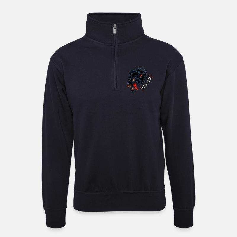 Black Wolf Old School Tattoo-Design - Unisex Pullover mit Zip-Kragen - Dunkelnavy